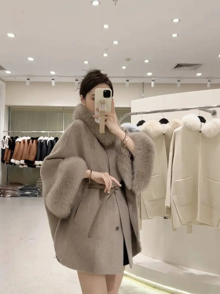 UCXQ Korean Style Two Sided Cloak Overcoat For Women Fur Collars Belt Loose Long Coats 2025 Winter New 23Z2284