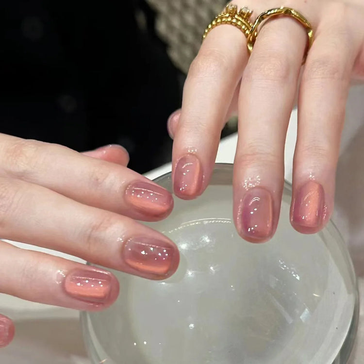 24Pcs Short Oval Gradient Pink Press On Nails Glossy Finish Full Cover False Nails for Women&Girl Removable Wearable Nail Art