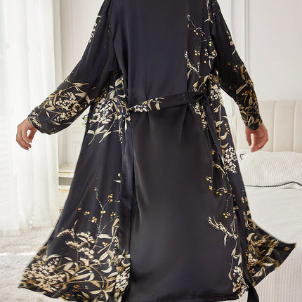 Set di 2 Pezzi: Elegante Pigiama Stampato da Donna con Vestaglia Lunga e Camicia da Notte in Raso, Stampa Casuale, Comodo Abbigliamento per Casa