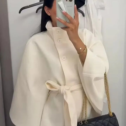 2026 New Lace Up High Neck Jackets For Women Belt Faux Wool Blends Cape Coats Autumn Winter Warm Elegant Cloak Coat Ladies