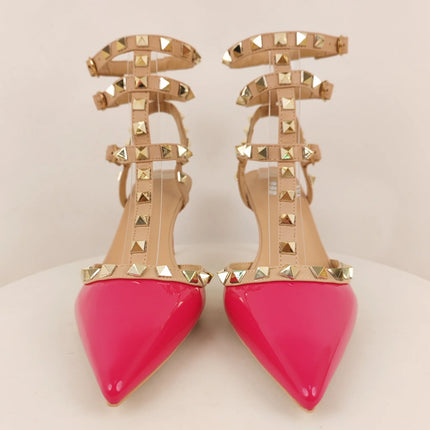 Sandali da Donna Rosa Caldo con Rivetti, Punta Affusolata, Cinturini Multipli, Fibbia alla Caviglia, Tacco Alto Sottile, Sexy, Eleganti per Tutti i Giorni