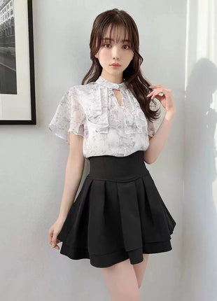 Minigonna a balze Lautaro Primavera Estate Nera Dolce Carina Kawaii a Vita Alta da Donna, Abbigliamento Cutecore Stile Giapponese Moda