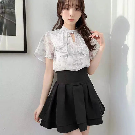 Lautaro Damen-Stufenminirock Frühling Sommer, Schwarz, Süß, Kawaii, Hohe Taille, Cutecore-Kleidung, Japanischer Modestil