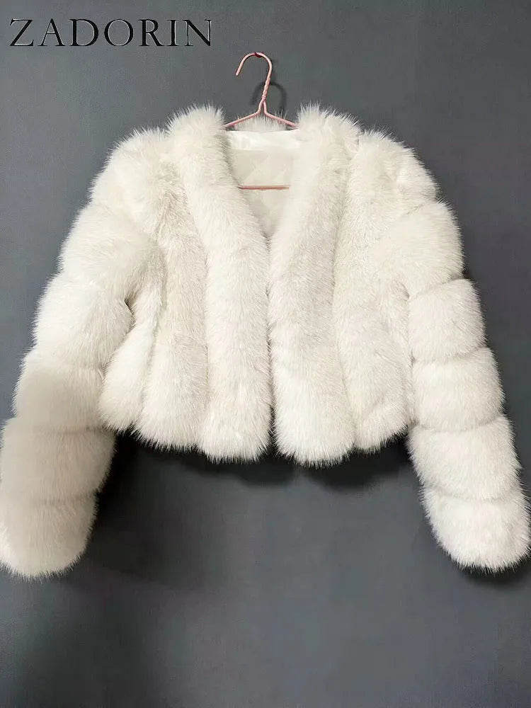 ZADORIN Luxury Cropped White Faux Fox Fur Coat Woman Clothing V Neck Long Sleeve Winter Fluffy Faux Fur Jacket Fur Coats Woman