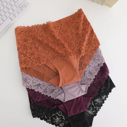 4PCS/SET Women's Sexy Lace Panty Hollow Out High Waist Women's Briefs Breathable Comfortable Underwear Plus Size Women Lingerie