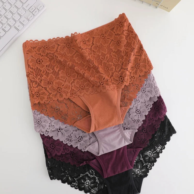 4PCS/SET Women's Sexy Lace Panty Hollow Out High Waist Women's Briefs Breathable Comfortable Underwear Plus Size Women Lingerie