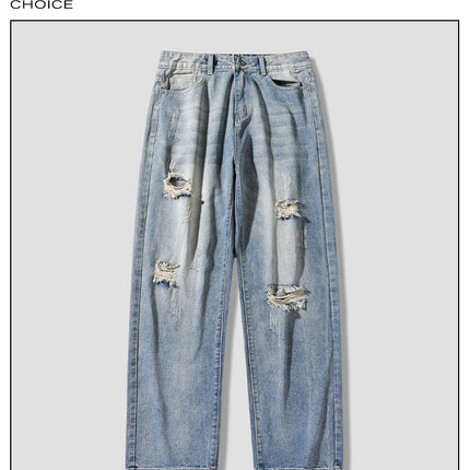 New vintage casual loose fit men's jeans with high street style straight leg denim pants for teenagers, torn knees and damaged PlatiNum