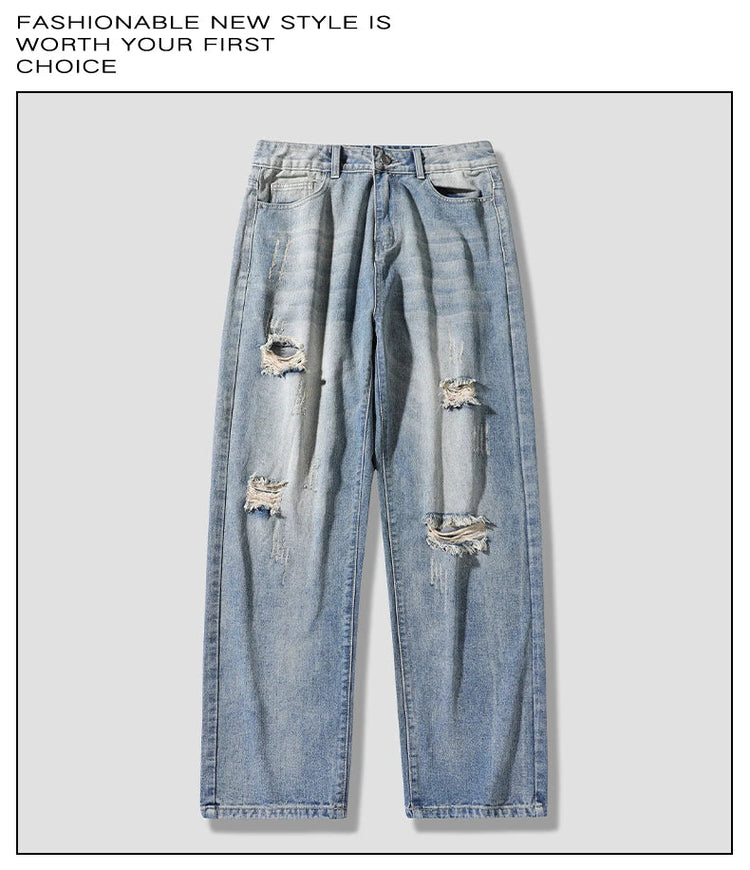 New vintage casual loose fit men's jeans with high street style straight leg denim pants for teenagers, torn knees and damaged PlatiNum