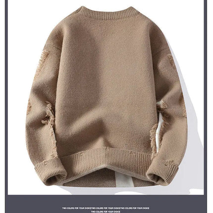 Ripped Sweater Men's Loose Crew Neck Knit Bottom Shirt Handsome Autumn Clothes on The Fashion  Sweater Pullover Sweater