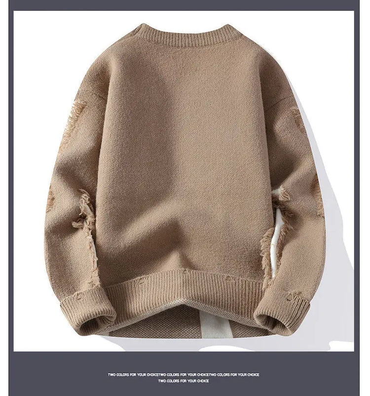 Ripped Sweater Men's Loose Crew Neck Knit Bottom Shirt Handsome Autumn Clothes on The Fashion  Sweater Pullover Sweater