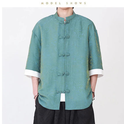 Camicia da Uomo di Lusso con Sfumature Colorate, Jacquard a Maniche Corte, Stile Cinese Tradizionale, Fresca per l'Estate, in Seta Ghiaccio