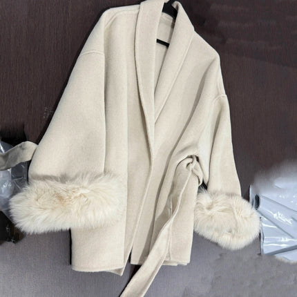 UCXQ Elegant OL Office Lady Overcoats Fur Patchwork Long Sleeve Woolen Coat Beautiful Women's Clothing Jacket Autumn 2025 Winter