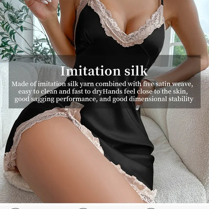 Lace Trim Leopard Nightdress V Neck Backless Side Split Slip Sleep Dress Women's Sleepwear Dresses