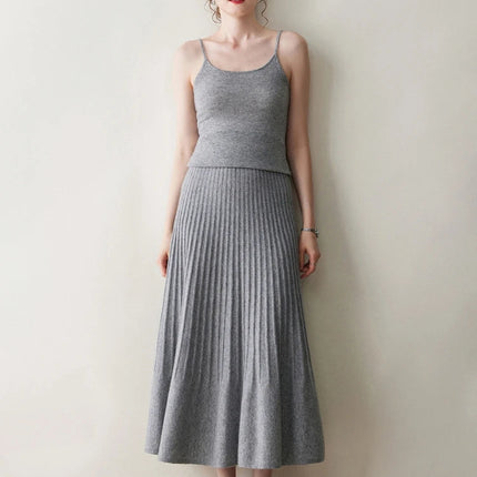 New Arrivals Women Cashmere A-line Skirt Elastic Waist Pleated Skirt 100% Cashmere Knitted Autumn Winter Thin Office Lady Dress PlatiNum