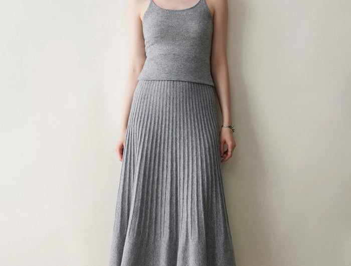 New Arrivals Women Cashmere A-line Skirt Elastic Waist Pleated Skirt 100% Cashmere Knitted Autumn Winter Thin Office Lady Dress PlatiNum