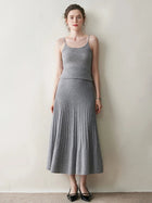 New Arrivals Women Cashmere A-line Skirt Elastic Waist Pleated Skirt 100% Cashmere Knitted Autumn Winter Thin Office Lady Dress PlatiNum