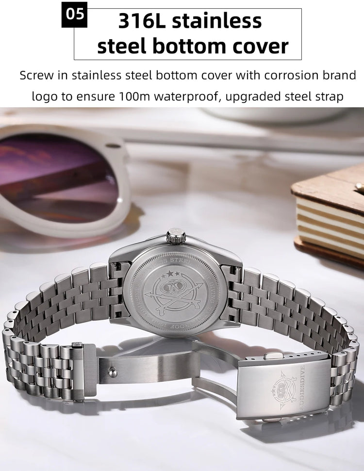 ADDIESDIVE Men Watch 36mm Quartz Wristwatch AD2073 Sapphire Sunburst Dive 100m Waterproof BGW9 Luminous  Watch for Men