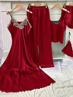 Set da notte in raso da 5 pezzi abito sottoveste in pizzo Cami Top pantaloncini con volant pantaloni da salotto pigiameria da notte da donna