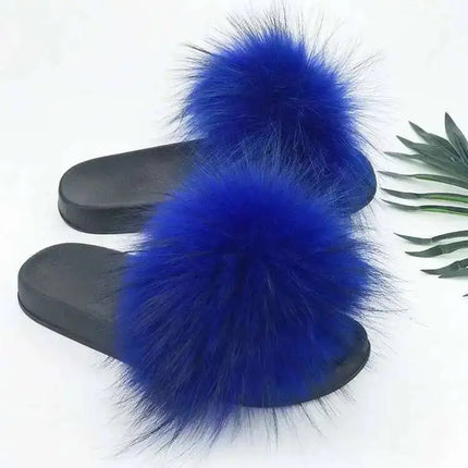 Real Raccoon Fur Slippers for Women 2023 Summer Fluffy Indoor Home Fuzzy Flat Slides Outdoor Fashion Beach Sandals Flip Flops