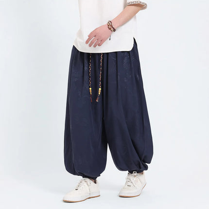 Pantaloni Estivi da Uomo Stile Cinese in Seta Ghiaccio con Motivo Drago Ukiyo-e, Comodi e Trendy, Pantaloni Casual Oversize da Uomo