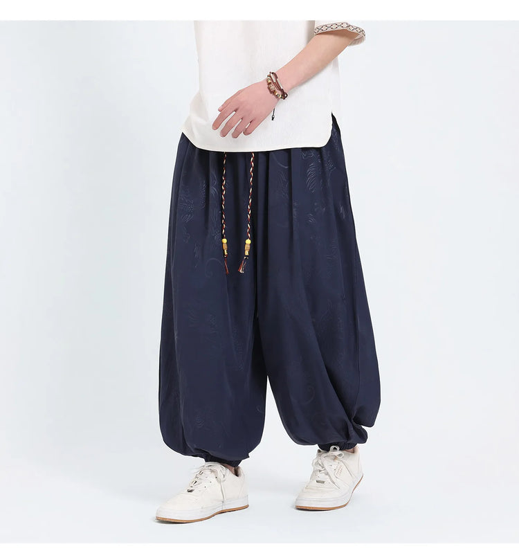 Pantaloni Estivi da Uomo Stile Cinese in Seta Ghiaccio con Motivo Drago Ukiyo-e, Comodi e Trendy, Pantaloni Casual Oversize da Uomo