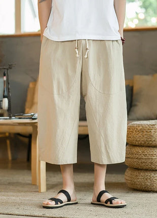 Pantaloni di lino da uomo in stile cinese Pantaloni a gamba larga da uomo con cavallo basso Pantaloni da uomo HipHop Pantaloni al polpaccio Pantaloni da pista Streetwear