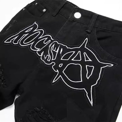 Autumn And Winter Retro Black Ripped Jeans Men'S Straight Leg Pants Pentagram Patch Casual Jeans Pants PlatiNum