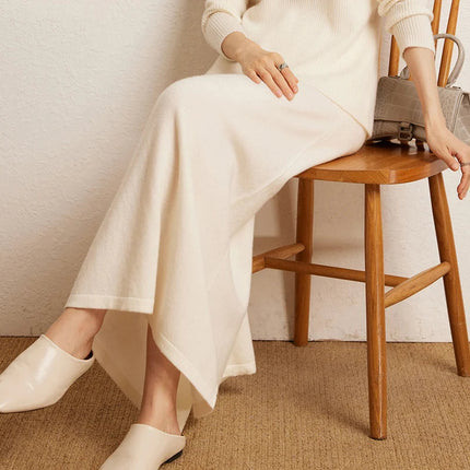 Korean Long Skirt Women's Wave Skirt 100% Cashmere Straight Skirt Knit Autumn Winter Skirt Warm Elegant Casual Knee Length Dress PlatiNum