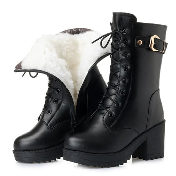 WOIZGIC Female Mother Ladies Women's Snow Genuine Leather Ankle Shoes Boots Warm Fur Plush Wool Zipper Lace Motorcycle Mid Calf