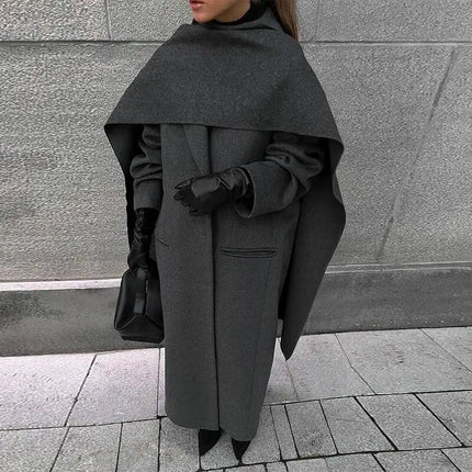 Elegant Big Scarf Collar Women's Coat Fashion Double Breasted Pockets Overcoats 2026 Autumn New High Street Oversize Outerwears