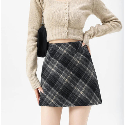 Autumn Winter Woolen Plaid Mini Skirt for Women College Casual All Match Short Skirts Woman Thicken Warm High Waist A-Line Skirt PlatiNum