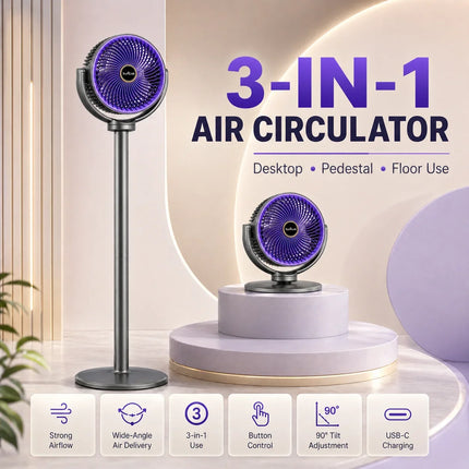 Ventilatore Turbo 3-in-1 per Circolazione d'Aria Domestica, Ventilatore da Terra e da Tavolo Retrattile con Telecomando, Ventilatore Portatile per Ufficio e Camera da Letto