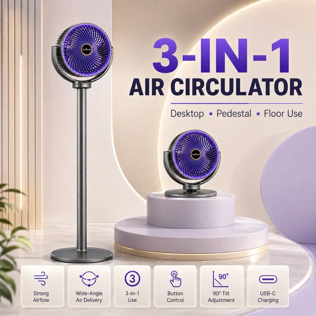 Ventilatore Turbo 3-in-1 per Circolazione d'Aria Domestica, Ventilatore da Terra e da Tavolo Retrattile con Telecomando, Ventilatore Portatile per Ufficio e Camera da Letto