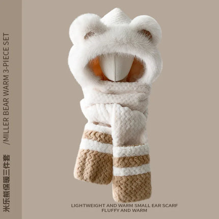 Three-in-one hat Winter Women's Plus  Bear Hat Scarf Gloves One-piece Hooded Cute Warm Plush Three-piece Suit To Prevent Cold