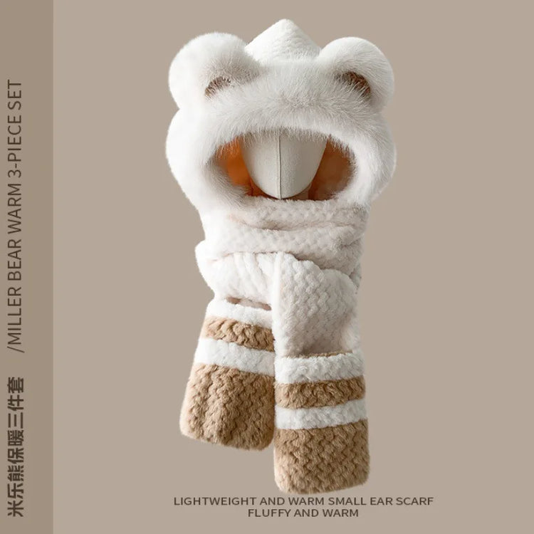 Three-in-one hat Winter Women's Plus  Bear Hat Scarf Gloves One-piece Hooded Cute Warm Plush Three-piece Suit To Prevent Cold