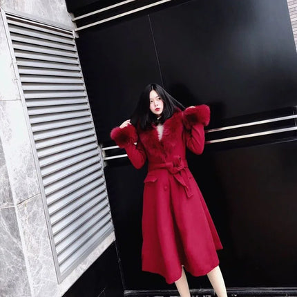 Women Fashion Long Luxury Overcoat Female Winter Coats Fur Collar Warm Elegant Thicken Solid Colo Woolen Jackets Abrigos Mujer