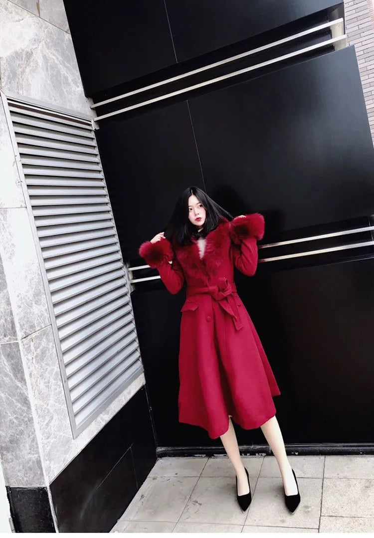 Women Fashion Long Luxury Overcoat Female Winter Coats Fur Collar Warm Elegant Thicken Solid Colo Woolen Jackets Abrigos Mujer