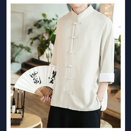 Camicia stile cinese da uomo Tang Suit Lino Kung Fu Cardigan maschile allentato Top Ricamo retrò Camicie kimono samurai giapponesi Streetwear