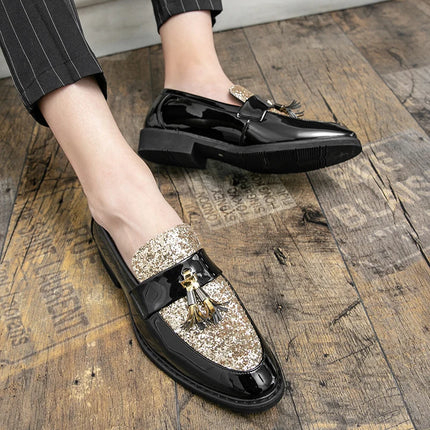 Mocassini di Lusso da Uomo con Tacco Basso, Slip-on Casual in Pelle Dorata, Scarpe da Festa con Nappe, Scarpe Eleganti da Uomo, Scarpe con Plateau da Uomo