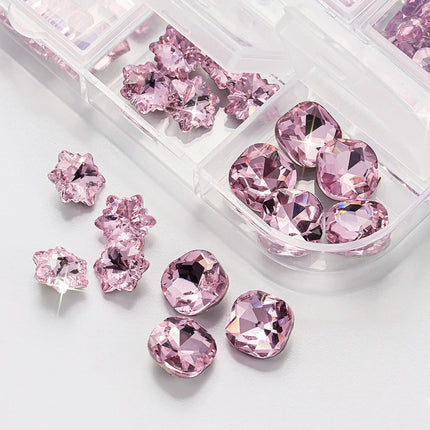 12 Grids 3D Pink Valentine's Diamond for Nails Art Bling Love Heart Oval Square Glass Rhinestones DIY Manicure Decorations