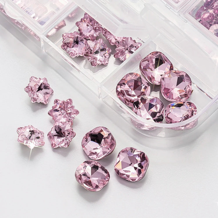 12 Grids 3D Pink Valentine's Diamond for Nails Art Bling Love Heart Oval Square Glass Rhinestones DIY Manicure Decorations