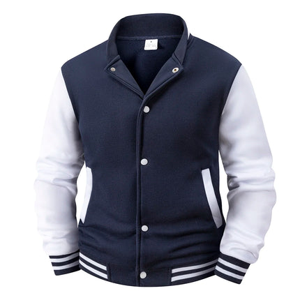 Men's Fleece-Lined Varsity Jacket Autumn Winter Warm Color Block Baseball Jacket Button Front & Striped Cuffs Retro Casual Coat
