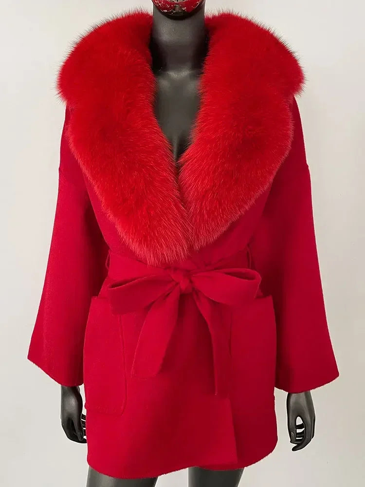 CXFS 2025 Winter Fashion Women Double-sided Wool Cashmere Coat with Detachable Natural Fox Fur Collar New design suit collar