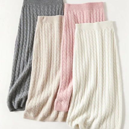 Autumn Winter 100% Cashmere Skirt Women Soild Mid-calf  High Waist Twist Flower Fit Slimming Knitted Dress  Light Luxury Elegant PlatiNum