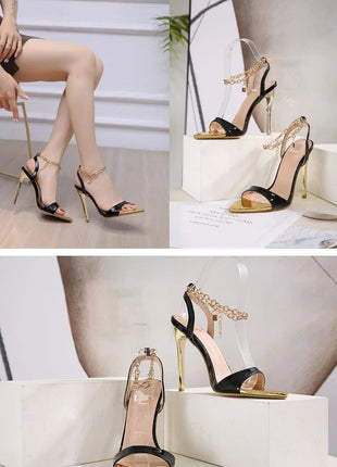 New Summer Sandals Women Fashion Gold Chain Ankle Strap Sexy Peep Toe Ladies Metal High Heels Sandals Woman Party Shoes Pumps PlatiNum