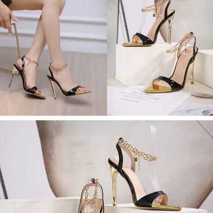 New Summer Sandals Women Fashion Gold Chain Ankle Strap Sexy Peep Toe Ladies Metal High Heels Sandals Woman Party Shoes Pumps PlatiNum