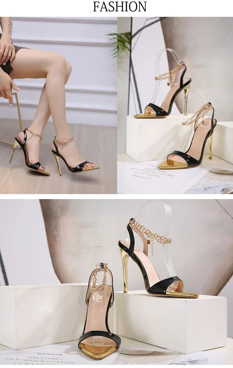 New Summer Sandals Women Fashion Gold Chain Ankle Strap Sexy Peep Toe Ladies Metal High Heels Sandals Woman Party Shoes Pumps PlatiNum