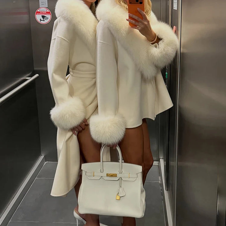 TARUXY Women Luxurious Faux Fox Fur Collar Long Jacket Elegant Solid Long-Sleeved Loose Lace Up Street Warm Coat 2026 Winter New