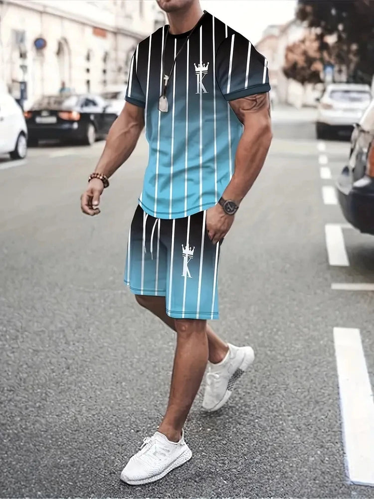 Nuovo vestito da uomo in due pezzi con stampa scozzese moda estate O-colletto Polo a maniche corte + pantaloncini abito da uomo in due pezzi
