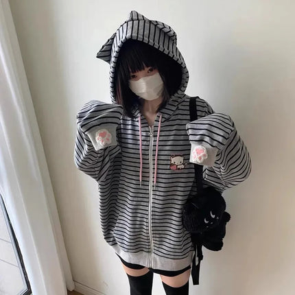 Cartoon Embroidery Women Hoodies Japanese Sweet Cute Cat Ears Striped Hooded Sweatshirts Harajuku Streetwear Loose Casual Coats